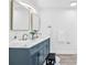 Bathroom featuring a blue double sink vanity, modern fixtures and minimalist design at 1712 S Main St, Salisbury, NC 28144