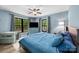 Comfortable bedroom with ceiling fan, two windows with nature views and a blue comforter at 17403 Green Hill Rd, Charlotte, NC 28278