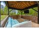 Relaxing gazebo featuring a TV and comfortable blue sofa seating perfect for outdoor relaxation at 17403 Green Hill Rd, Charlotte, NC 28278