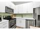 Well-equipped kitchen with stainless steel appliances, white cabinets, green backsplash and modern fixtures at 2125 Southend Dr # 339, Charlotte, NC 28203