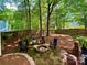 Private backyard featuring a stone fire pit and seating area, surrounded by mature trees and a wooden fence at 2600 Kirkholm Dr, Matthews, NC 28105
