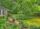 Landscaped backyard featuring brick accents, lush plants, and mature trees at 3040 Valencia Ter, Charlotte, NC 28211