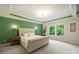Main bedroom featuring tray ceilings, neutral carpet, an accent wall, and a window overlooking the backyard at 6618 Vizcaya Ct, Charlotte, NC 28226