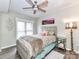 Cozy bedroom featuring a ceiling fan, plush bedding, and a mirrored side table at 718 W Trade St # 704, Charlotte, NC 28202