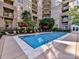 The community pool is surrounded by lush landscaping and features lounge chairs with umbrellas at 718 W Trade St # 704, Charlotte, NC 28202