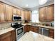 Well-lit kitchen featuring wooden cabinetry, granite countertops, and stainless steel appliances at 8218 Lynnewood Glen Dr, Charlotte, NC 28269