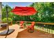 Inviting back deck with outdoor seating, a red umbrella, and a serene view of the lush backyard at 9700 Stewart Spring Ln, Charlotte, NC 28216