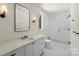 Bathroom featuring a walk-in shower, white vanity, modern fixtures, and clean design at 1719 Shoreham Dr, Charlotte, NC 28211