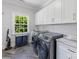 Laundry room featuring front load washer/dryer, storage cabinets, and a window for natural light at 1900 Nassau Blvd, Charlotte, NC 28205