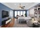 Staged bedroom with an bed, entertainment center, multiple windows and unique decor at 2106 Yellowstone Dr, Fort Mill, SC 29707