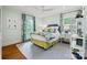 Bright bedroom featuring hardwood floors, natural light, and stylish decor with a ceiling fan for comfort at 2900 Wickersham Rd, Charlotte, NC 28211