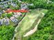 An aerial view shows the home's proximity to the golf course and neighborhood amenities at 54053 Flycatchers Ct, Fort Mill, SC 29707