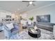 Spacious living room with modern furnishings, media center, and an open view of the kitchen and dining area at 574 Altamonte Dr, Clover, SC 29710