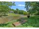 Scenic view of a pond with a fountain, framed by trees and a well-manicured lawn at 5915 Mammoth Rd, Charlotte, NC 28270