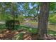 Scenic view of the pond with a fountain, surrounded by trees and well-maintained landscaping at 5915 Mammoth Rd, Charlotte, NC 28270