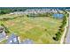 Aerial shot of a community sports field with soccer goals and surrounding residential neighborhood at 6878 Spring Peeper Ln, Lancaster, SC 29720