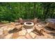 Beautiful backyard with stone firepit and Adirondack chairs surrounded by lush greenery at 938 Rock Forest Way, Fort Mill, SC 29707