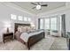 Bright primary bedroom featuring tray ceilings, a ceiling fan, large windows, and a seating area at 938 Rock Forest Way, Fort Mill, SC 29707