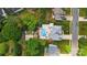 Aerial view showcasing the property's expansive lot, pool, putting green, basketball court, and lush landscaping at 10223 Willingham Rd, Huntersville, NC 28078