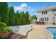 Beautifully landscaped backyard featuring a patio, lounge chairs and inground pool at 10223 Willingham Rd, Huntersville, NC 28078