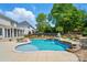 Enjoy a private backyard pool with lush landscaping and serene outdoor space at 10223 Willingham Rd, Huntersville, NC 28078