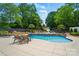 Beautiful backyard pool with a tanning ledge, waterfall, and landscaped surroundings at 10223 Willingham Rd, Huntersville, NC 28078