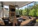 Inviting screened porch with stone fireplace, ceiling fan, comfortable seating, and outdoor TV for relaxation at 1148 Wessington Manor Ln, Fort Mill, SC 29715