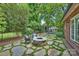 Backyard featuring a firepit, seating, swimming pool, and lush landscaping at 1804 Thomas Ave, Charlotte, NC 28205