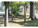 Rustic backyard swing between mature trees offering a peaceful retreat at 22330 Torrence Chapel Rd, Cornelius, NC 28031