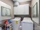 Functional laundry room with modern washer and dryer, storage cabinets, and neutral wall color at 2511 Carnation Dr, Harrisburg, NC 28075