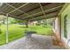 Covered patio features stamped stone flooring, and metal furniture at 302 6Th Sw St, Conover, NC 28613