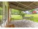 Covered patio featuring stone flooring and elegant metal patio furniture at 302 6Th Sw St, Conover, NC 28613