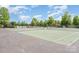 Well-maintained tennis courts with green and gray surfaces, surrounded by trees and fencing at 3618 Catherine Creek Pl, Davidson, NC 28036