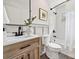 Updated bathroom featuring modern vanity, stylish fixtures, subway tile shower, and fresh decor for a relaxing experience at 4021 Paisley Pl, Charlotte, NC 28208
