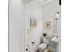 Cozy powder room featuring a toilet, a pedestal sink, and decorative framed prints on the wall at 45523 Misty Bluff Dr, Charlotte, NC 28278