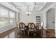Dining room features a coffered ceiling, elegant chairs, and a modern chandelier, creating a sophisticated atmosphere at 1004 Craven St, Indian Trail, NC 28079
