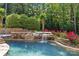 Inviting backyard pool and spa showcasing a rock waterfall, surrounded by vibrant greenery and landscaping at 1009 Seminole Dr, Waxhaw, NC 28173