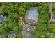 Aerial view of community pool featuring a waterslide, playground and clubhouse surrounded by mature trees at 1400 Coachman Dr, Waxhaw, NC 28173