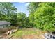 Large backyard with mature trees, fencing, brick stacks, and a small storage shed at 430 Edgegreen Dr, Charlotte, NC 28217