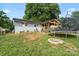 Backyard features a spacious lawn, trampoline, covered patio, and fire pit at 430 Edgegreen Dr, Charlotte, NC 28217