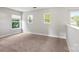 Bright bedroom with neutral carpet, three windows, and freshly painted walls at 9414 Seamill Rd, Charlotte, NC 28278