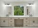Bathroom features double sinks, granite countertop vanity, and a large window with forest views at 1118 Allman Ext, Mount Pleasant, NC 28124