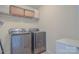 Bright laundry room featuring modern Samsung washer and dryer with wire rack storage at 136 Wood Duck Loop, Mooresville, NC 28117
