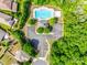 Community aerial view featuring pool, hot tub, clubhouse, parking, and surrounding greenery at 14113 Highland Meadow Rd, Charlotte, NC 28273