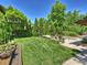 Expansive backyard with lush lawn, mature trees, and access to an inviting in-ground pool at 1413 Devon Dr, Charlotte, NC 28209