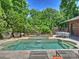 Serene backyard oasis featuring a luxurious pool, lush landscaping, and an outdoor dining area at 1413 Devon Dr, Charlotte, NC 28209