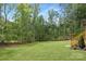 Lush green backyard bordered by tall trees, offering a peaceful outdoor space with steps leading to a deck at 1534 Easy St, Belmont, NC 28012
