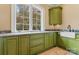 Olive-colored kitchen featuring granite countertops, undermount sink, natural light, and stylish cabinetry at 277 Tradition Dr, Mount Gilead, NC 27306