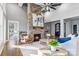 Living room with hardwood floors, stone fireplace, vaulted ceiling and large windows leading to the outside at 2817 Lakefront Dr, Belmont, NC 28012