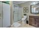 Bathroom features a walk-in shower, tile floor, vanity, and a full-sized refrigerator at 6005 Bryant Ln, Waxhaw, NC 28173